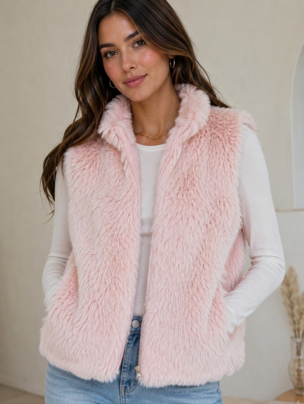 VINTAGE 80S INVESTMENTS PINK FAUX FUR ZIP VEST SZ XL